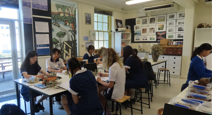 small group of students in art studio working at a desk